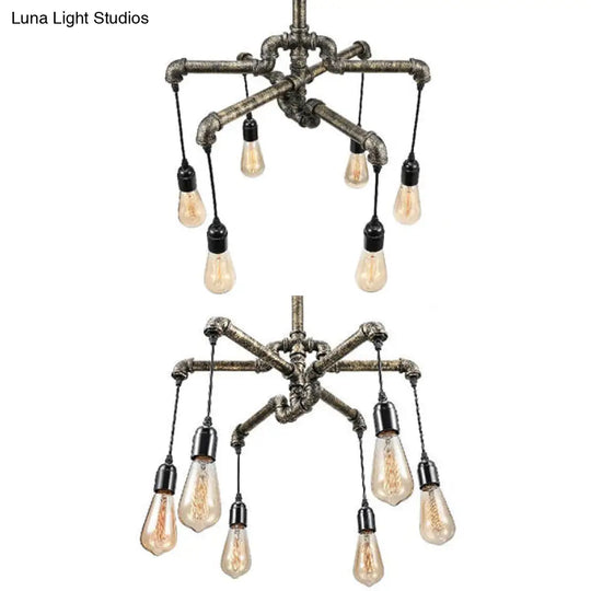 Rustic Aged Silver/Bronze Pipe Chandelier Lamp - Wrought Iron Exposed Bulb 6/8 Heads Indoor Hanging