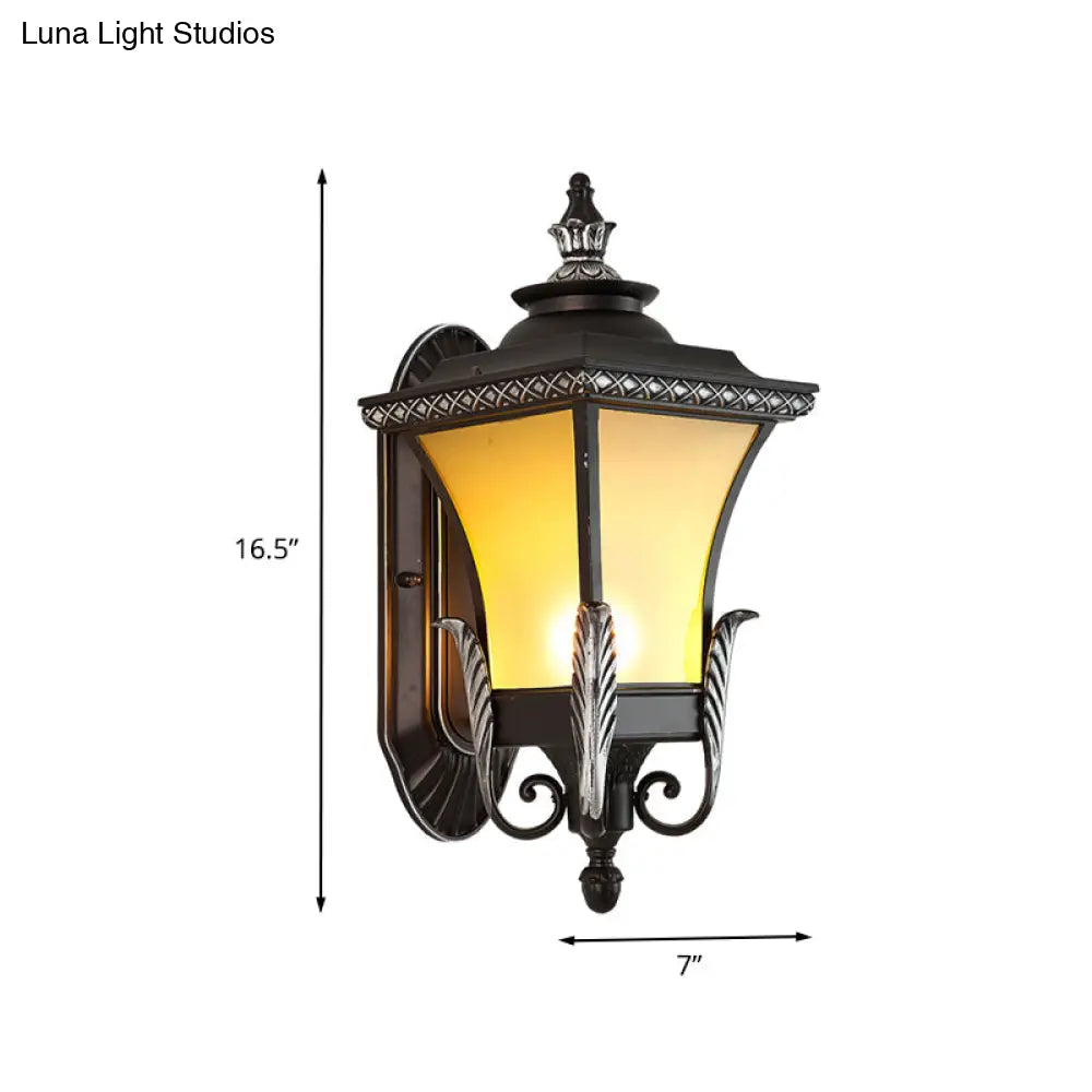 Rustic Aluminium Wall Light Lantern With Frosted Glass Shade And Leaf Design - Black 1 Bulb