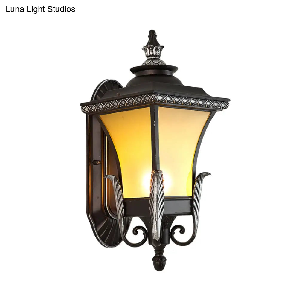 Rustic Aluminium Wall Light Lantern With Frosted Glass Shade And Leaf Design - Black 1 Bulb