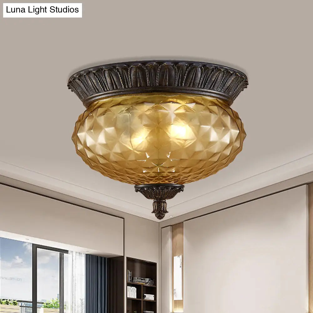 Rustic Amber Beveled Glass Oval Kitchen Flush Mount Lamp - 2-Bulb Black Ceiling Lighting Fixture