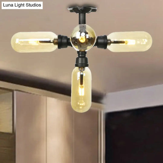 Rustic Amber Glass Ceiling Light With Semi-Flush Design - 4/5/6 Bulbs Matte Black Finish And Pipe