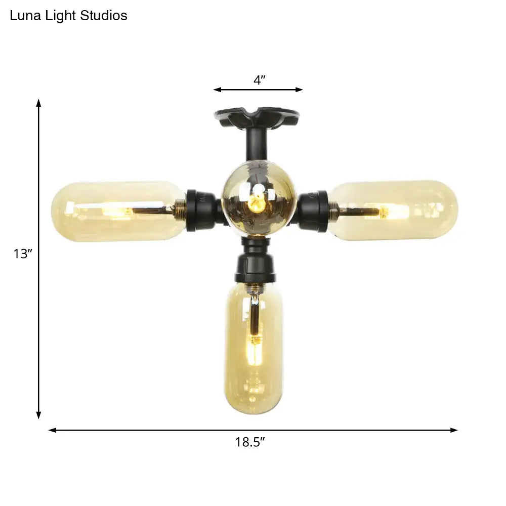 Rustic Amber Glass Ceiling Light With Semi-Flush Design - 4/5/6 Bulbs Matte Black Finish And Pipe