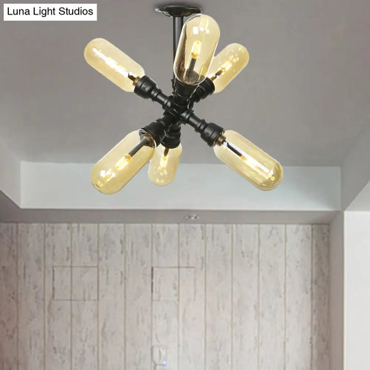 Rustic Amber Glass Ceiling Light With Semi-Flush Design - 4/5/6 Bulbs Matte Black Finish And Pipe