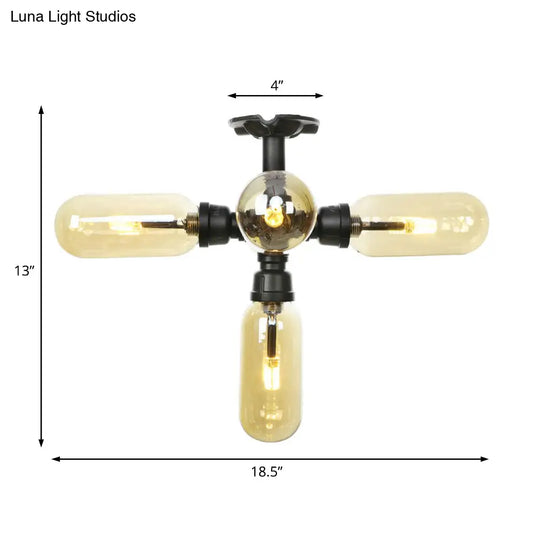Rustic Amber Glass Ceiling Light With Semi - Flush Design - 4/5/6 Bulbs Matte Black Finish And Pipe