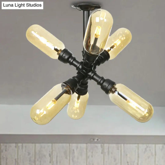 Rustic Amber Glass Ceiling Light With Semi-Flush Design - 4/5/6 Bulbs Matte Black Finish And Pipe
