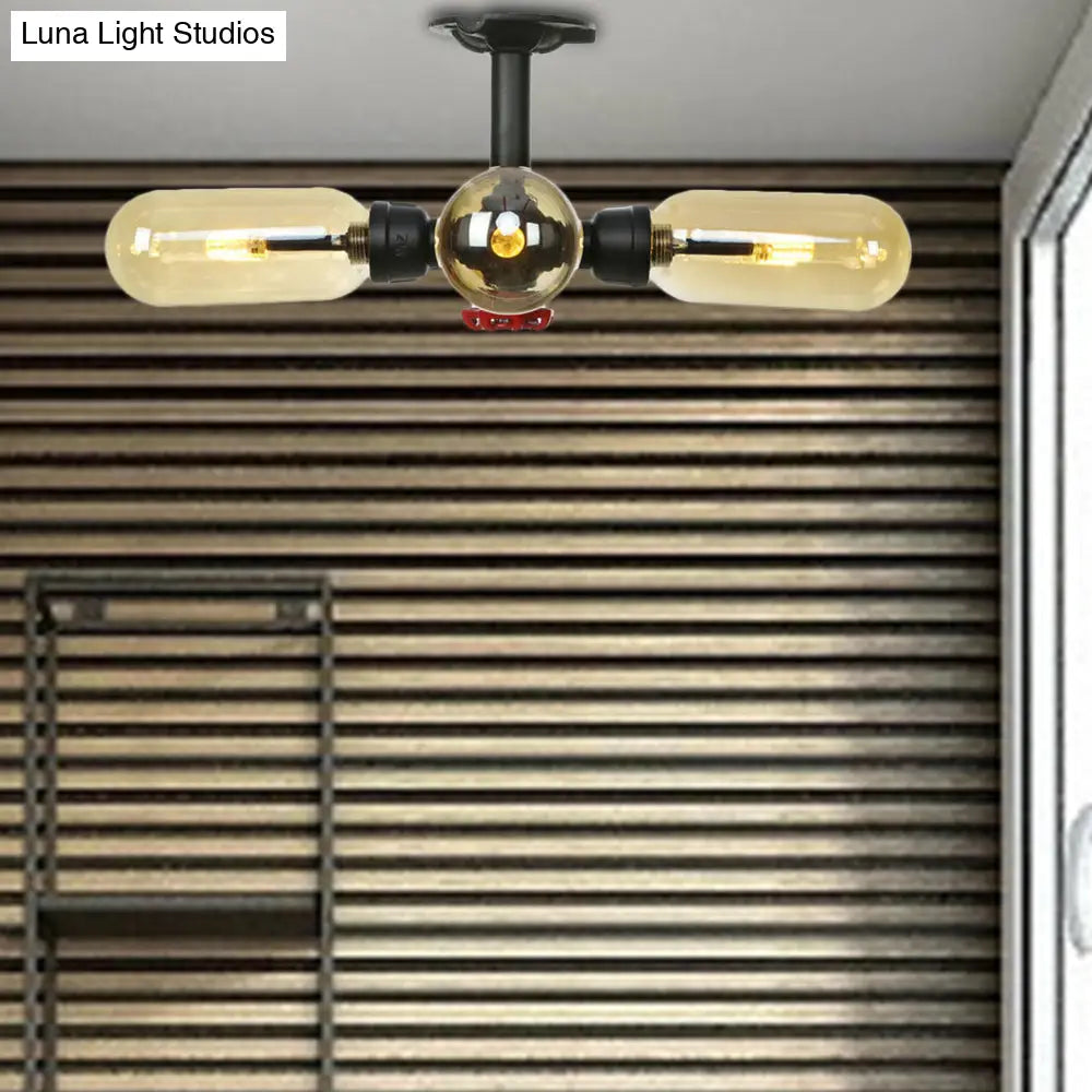 Rustic Amber Glass Ceiling Light With Semi-Flush Design - 4/5/6 Bulbs Matte Black Finish And Pipe