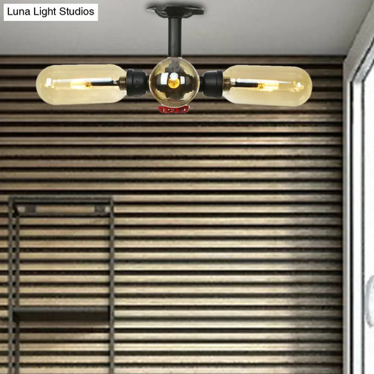 Rustic Amber Glass Ceiling Light With Semi-Flush Design - 4/5/6 Bulbs Matte Black Finish And Pipe