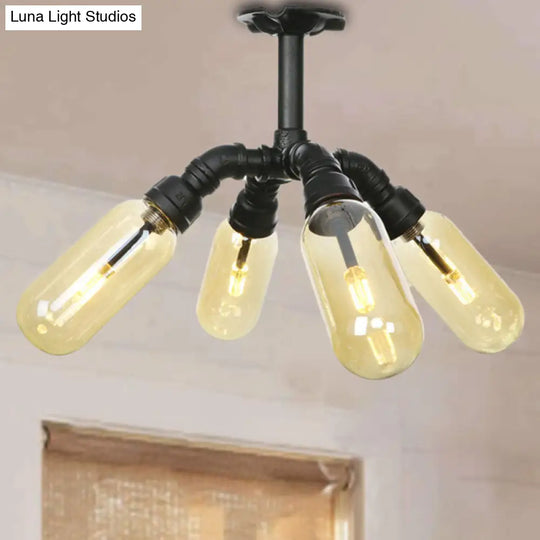 Rustic Amber Glass Ceiling Light With Semi-Flush Design - 4/5/6 Bulbs Matte Black Finish And Pipe