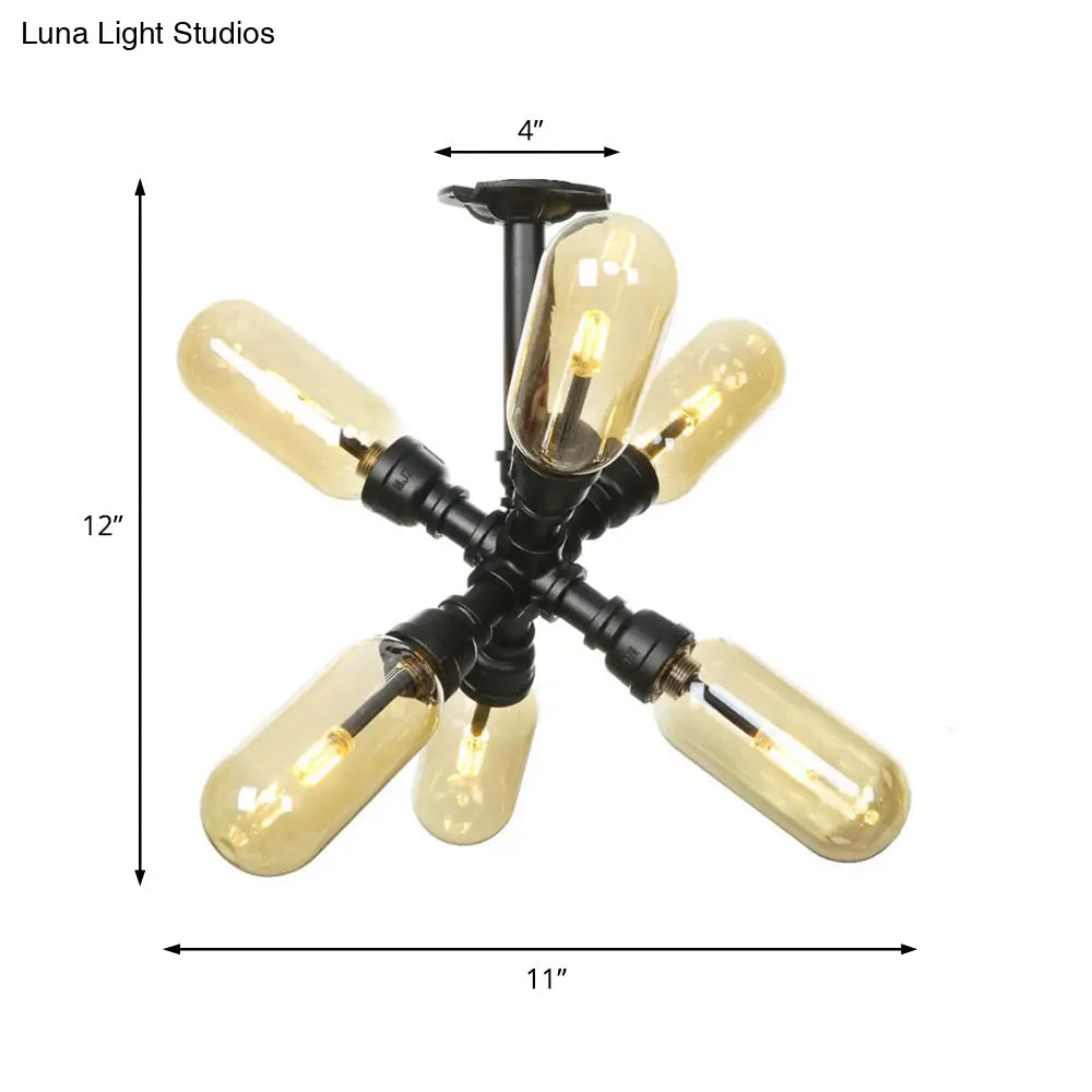 Rustic Amber Glass Ceiling Light With Semi - Flush Design - 4/5/6 Bulbs Matte Black Finish And Pipe