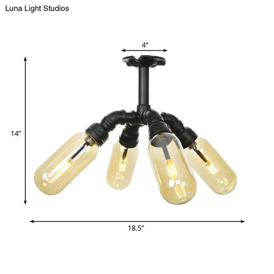 Rustic Amber Glass Ceiling Light With Semi-Flush Design - 4/5/6 Bulbs Matte Black Finish And Pipe