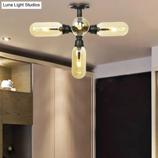 Rustic Amber Glass Ceiling Light With Semi - Flush Design - 4/5/6 Bulbs Matte Black Finish And Pipe