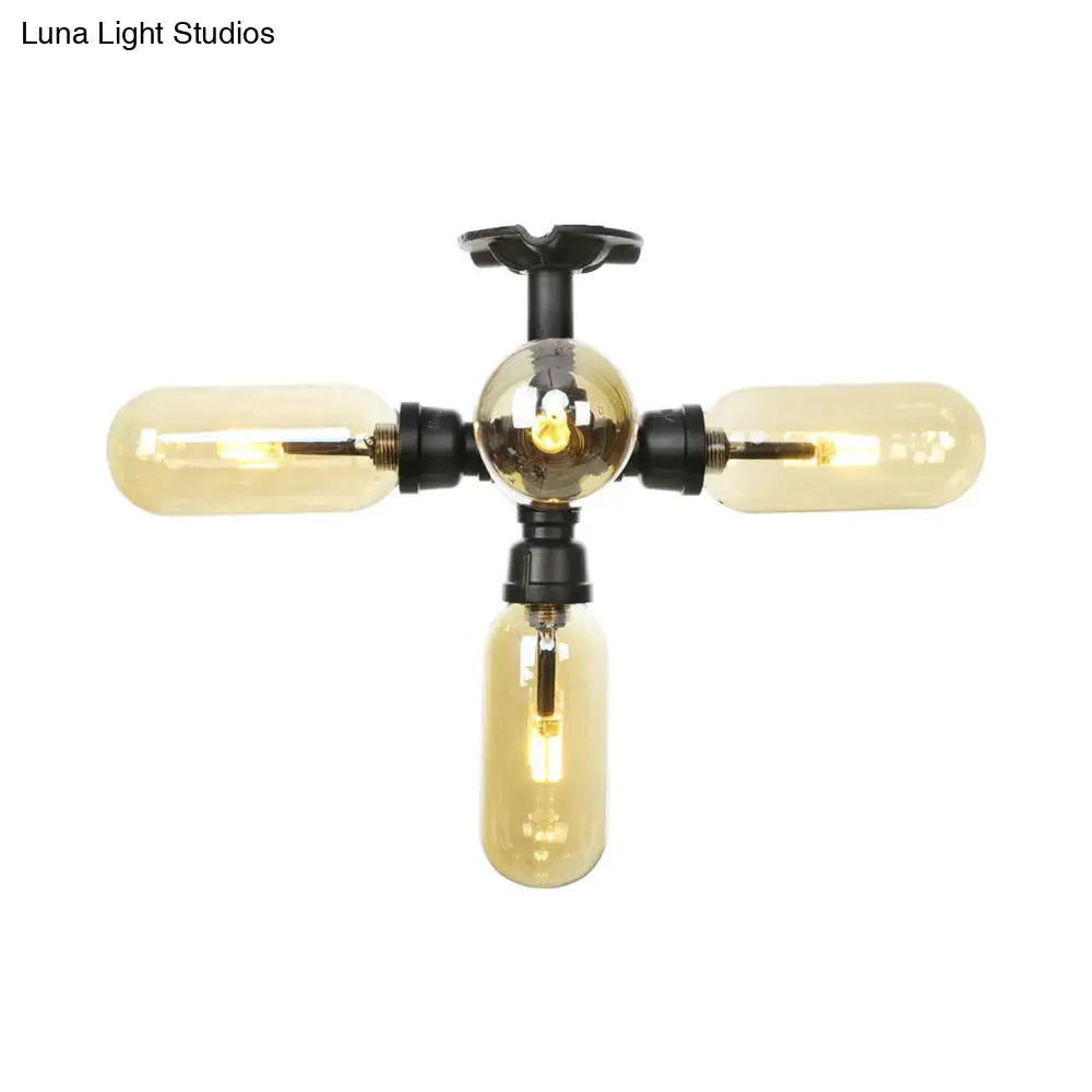 Rustic Amber Glass Ceiling Light With Semi - Flush Design - 4/5/6 Bulbs Matte Black Finish And Pipe