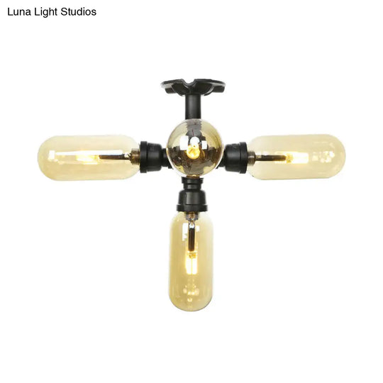 Rustic Amber Glass Ceiling Light With Semi - Flush Design - 4/5/6 Bulbs Matte Black Finish And Pipe