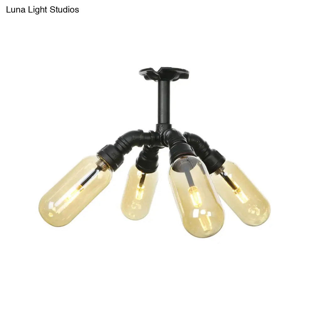 Rustic Amber Glass Ceiling Light With Semi-Flush Design - 4/5/6 Bulbs Matte Black Finish And Pipe