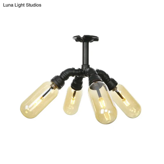 Rustic Amber Glass Ceiling Light With Semi-Flush Design - 4/5/6 Bulbs Matte Black Finish And Pipe