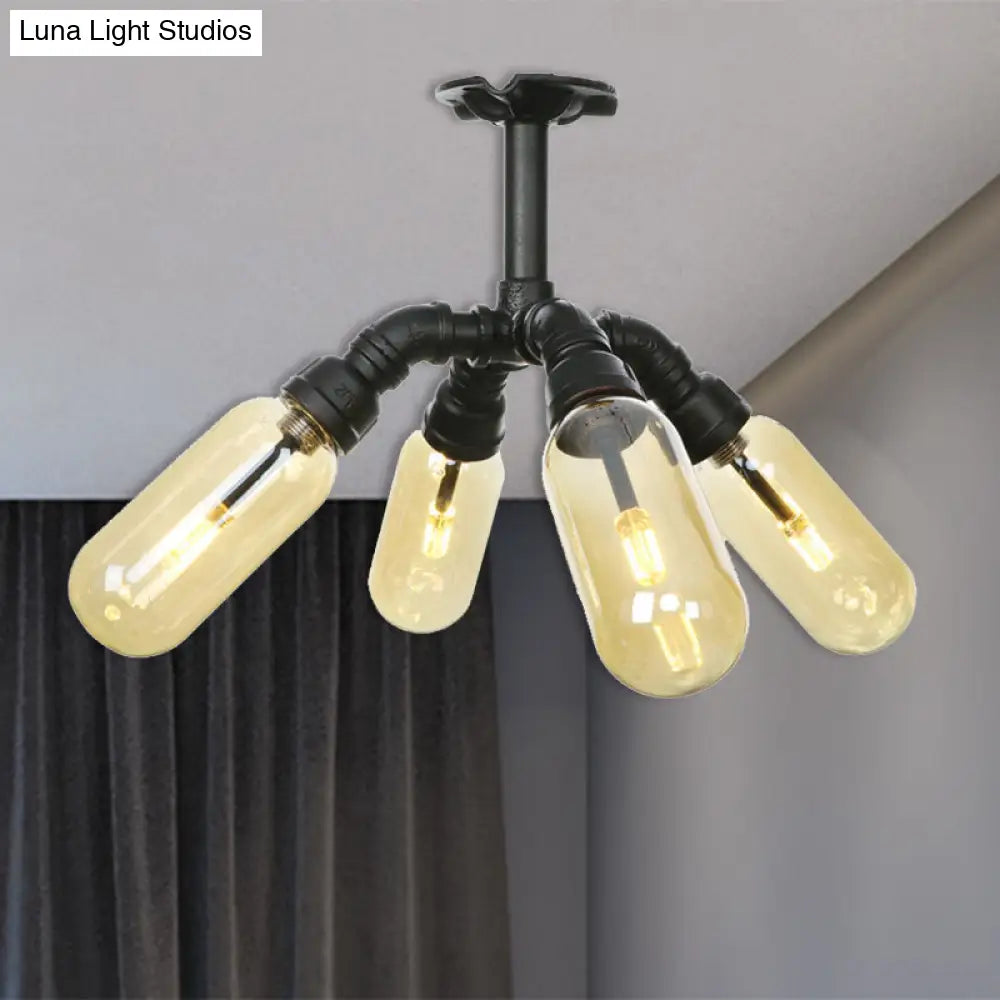 Rustic Amber Glass Ceiling Light With Semi-Flush Design - 4/5/6 Bulbs Matte Black Finish And Pipe