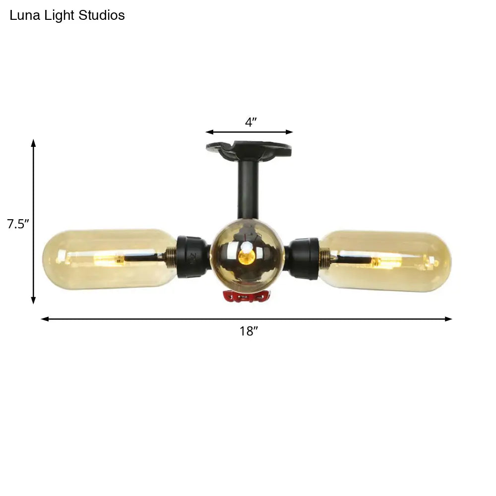 Rustic Amber Glass Ceiling Light With Semi - Flush Design - 4/5/6 Bulbs Matte Black Finish And Pipe