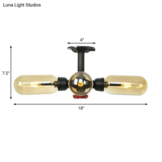 Rustic Amber Glass Ceiling Light With Semi - Flush Design - 4/5/6 Bulbs Matte Black Finish And Pipe
