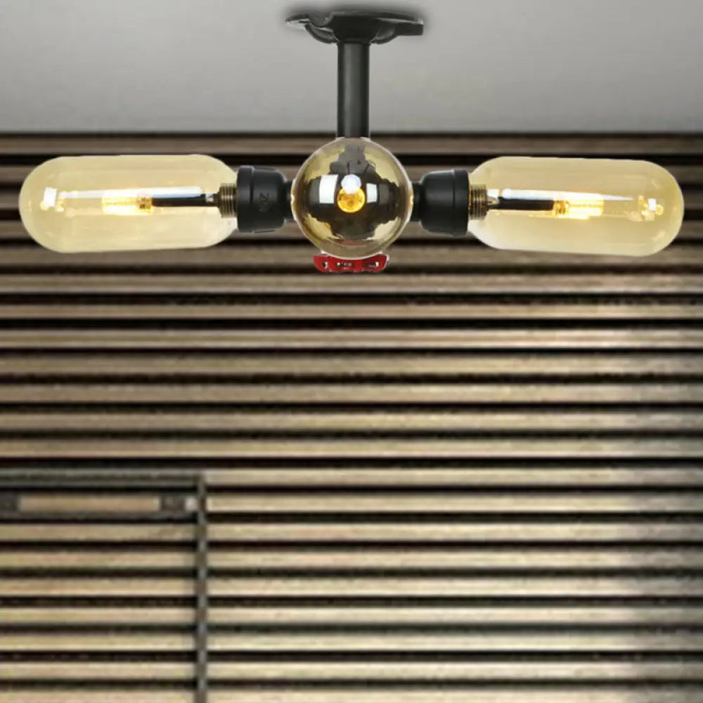 Rustic Amber Glass Ceiling Light With Semi - Flush Design - 4/5/6 Bulbs Matte Black Finish And Pipe
