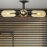 Rustic Amber Glass Ceiling Light With Semi - Flush Design - 4/5/6 Bulbs Matte Black Finish And Pipe