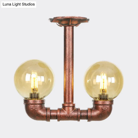 Rustic Amber Glass Semi Flush Light Fixture For Restaurants: Orb Design 2 Copper Lights