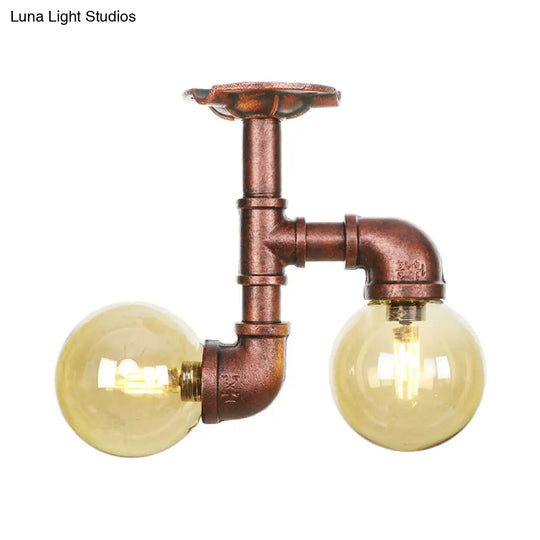 Rustic Amber Glass Semi Flush Light Fixture For Restaurants: Orb Design 2 Copper Lights