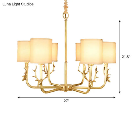 Rustic Antler Ceiling Light With Cylindrical Fabric Shade - Gold Finish 3/6/8 Bulbs
