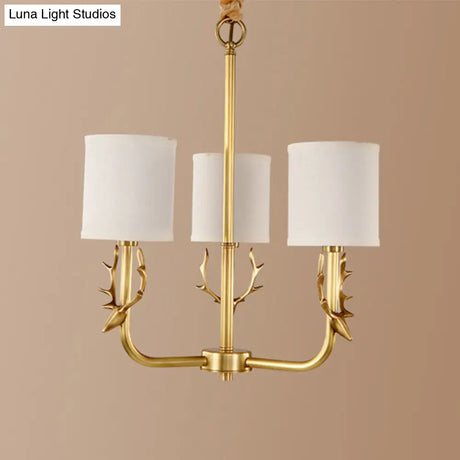 Rustic Antler Ceiling Light With Cylindrical Fabric Shade - Gold Finish 3/6/8 Bulbs