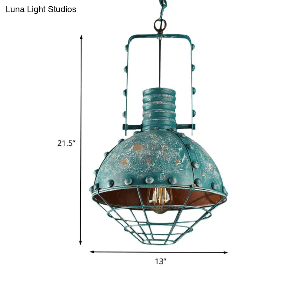 Rustic Aqua Iron Pendant Light With Domed Shade And Handle For Restaurants