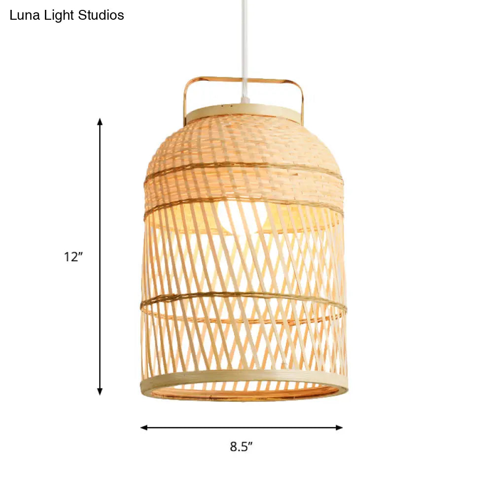 Rustic Bamboo Bird Cage Pendant Lamp With Handle - 1-Bulb Ceiling Hanging Light