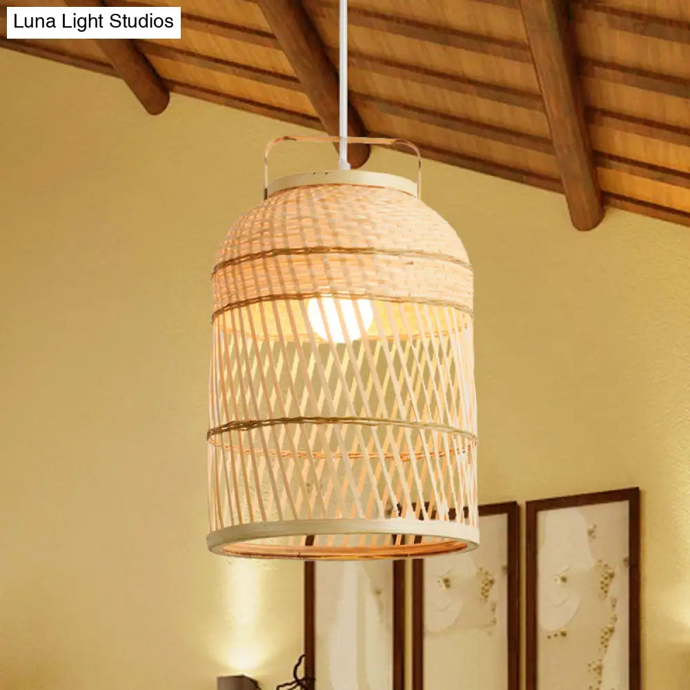 Rustic Bamboo Bird Cage Pendant Lamp With Handle - 1-Bulb Ceiling Hanging Light