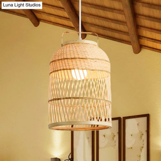 Rustic Bamboo Bird Cage Pendant Lamp With Handle - 1-Bulb Ceiling Hanging Light