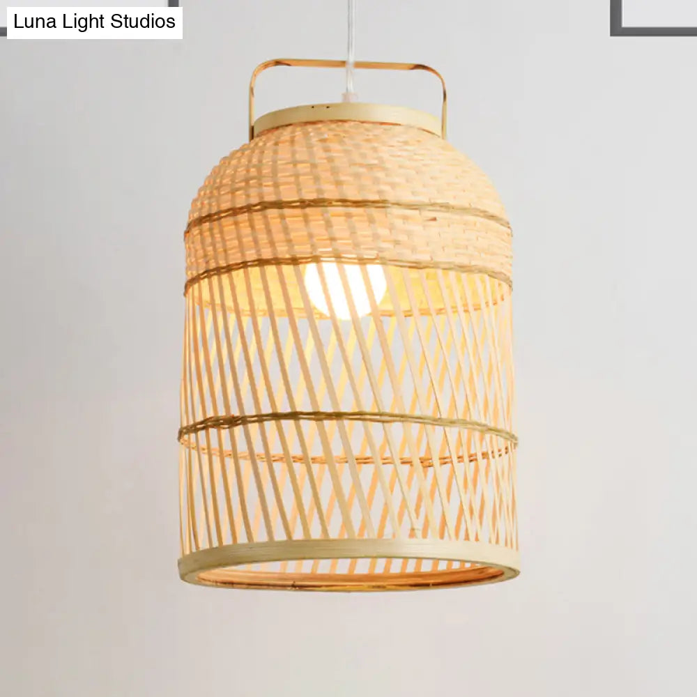 Rustic Bamboo Bird Cage Pendant Lamp With Handle - 1-Bulb Ceiling Hanging Light
