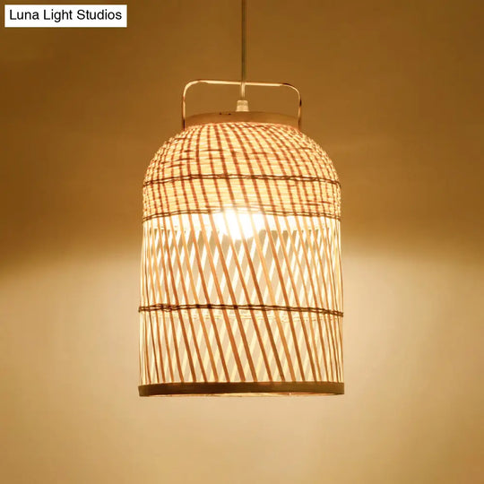 Rustic Bamboo Bird Cage Pendant Lamp With Handle - 1-Bulb Ceiling Hanging Light