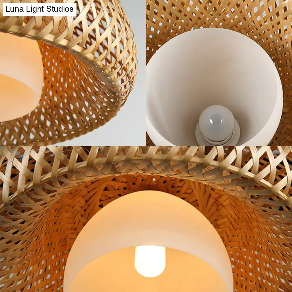 Rustic Bamboo Double-Decker Dome Hanging Pendant: Farmhouse Restaurant Light Fixture