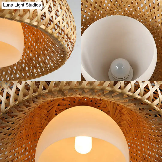Rustic Bamboo Double-Decker Dome Hanging Pendant: Farmhouse Restaurant Light Fixture