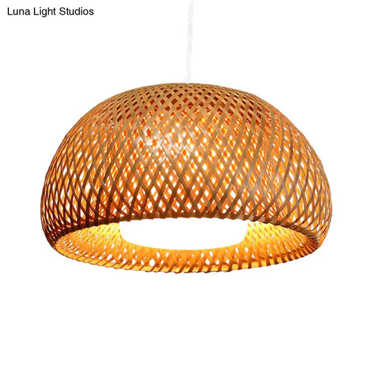 Rustic Bamboo Double-Decker Domed Hanging Lamp - 1 Light Suspended For Restaurant Dining Room