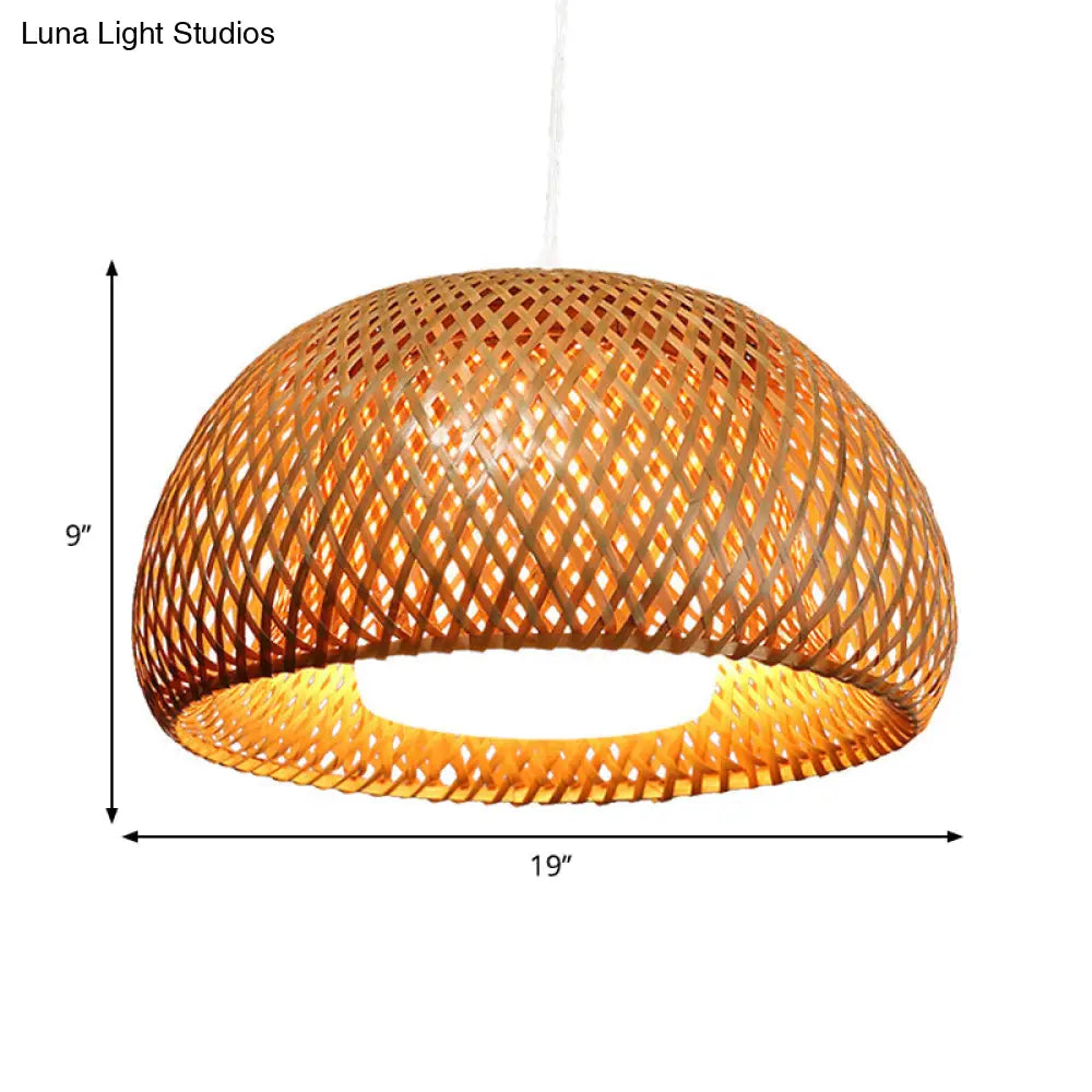 Rustic Bamboo Double-Decker Domed Hanging Lamp - 1 Light Suspended For Restaurant Dining Room