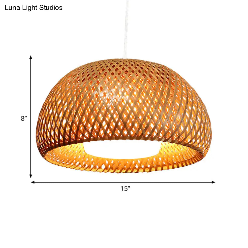 Rustic Bamboo Double-Decker Domed Hanging Lamp - 1 Light Suspended For Restaurant Dining Room