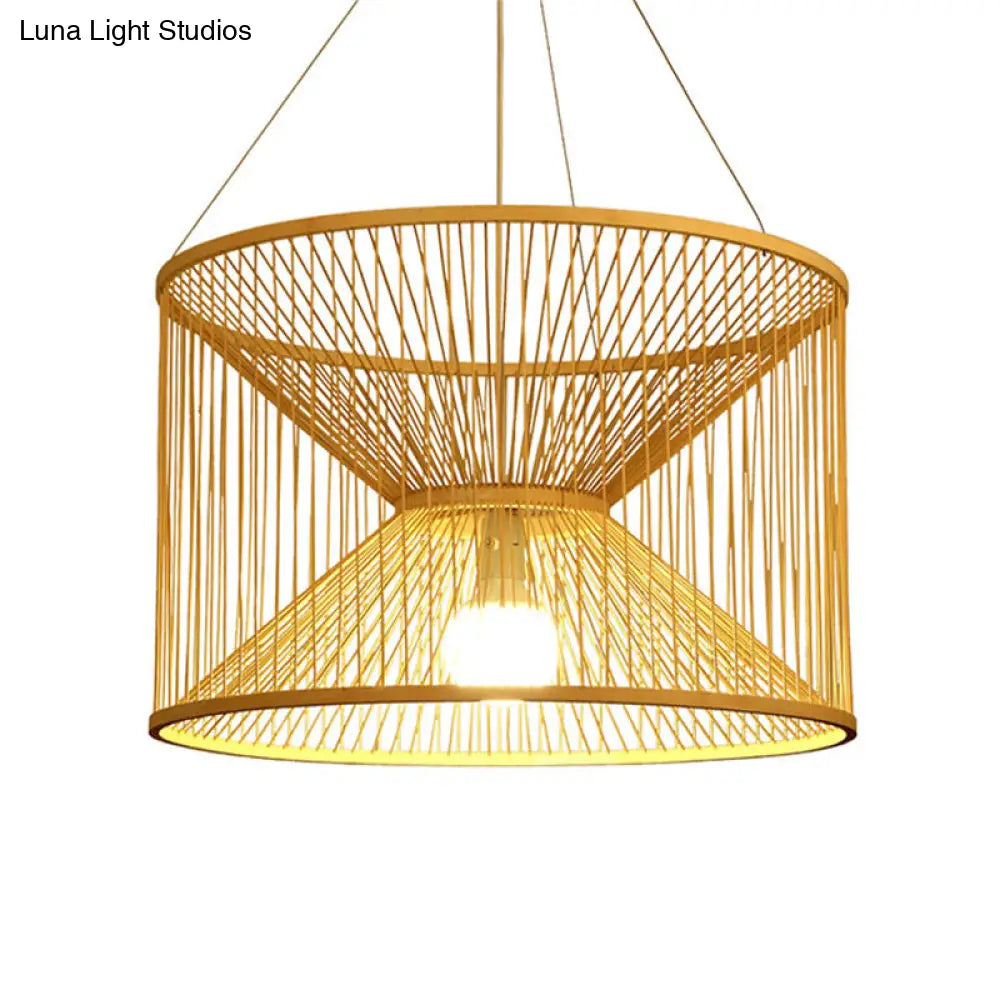 Rustic Bamboo Hourglass Pendant Lamp With Wood Accent - Ideal For Living Room Ceiling Lighting
