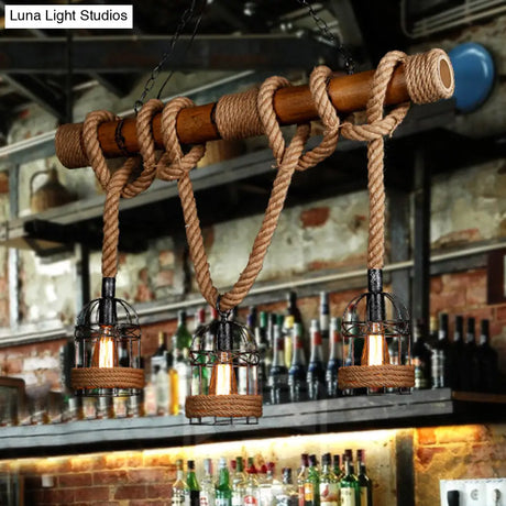 Rustic Bamboo Island Lighting Chandelier In Beige - Linear Bar Fixture