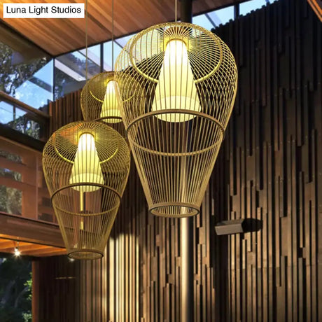 Rustic Bamboo Pendant Light With Cone Shade - Single-Bulb Lighting Fixture In Beige