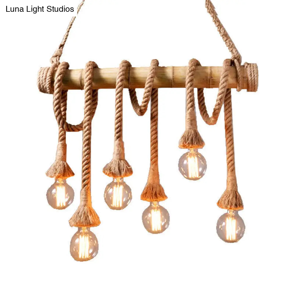 Rustic Bare Bulb Pendant Light With Bamboo Pole And Rope Suspension