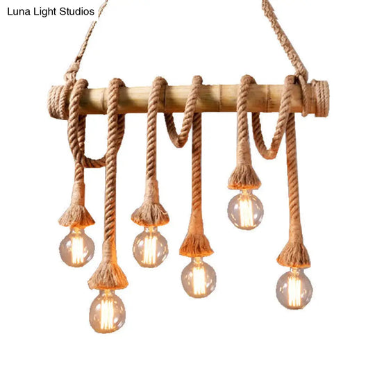 Rustic Bare Bulb Pendant Light With Bamboo Pole And Rope Suspension