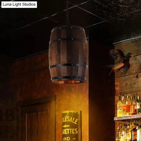 Rustic Barrel Pendant Lamp - 10’/12’ Wide Wood Hanging Light In Brown / 12’
