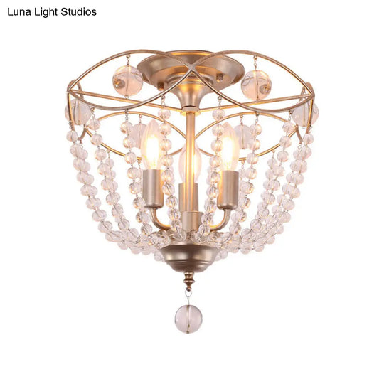 Rustic Basket 3-Light Crystal Strand Semi Flush Ceiling Mount In Gold - Bedroom Lighting