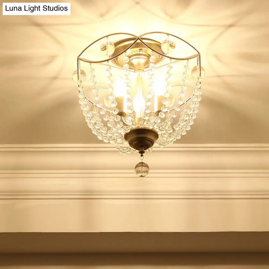 Rustic Basket 3-Light Crystal Strand Semi Flush Ceiling Mount In Gold - Bedroom Lighting