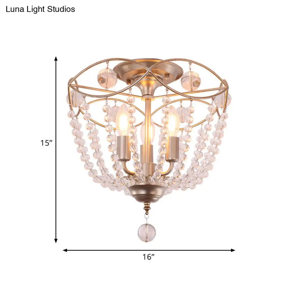 Rustic Basket 3-Light Crystal Strand Semi Flush Ceiling Mount In Gold - Bedroom Lighting
