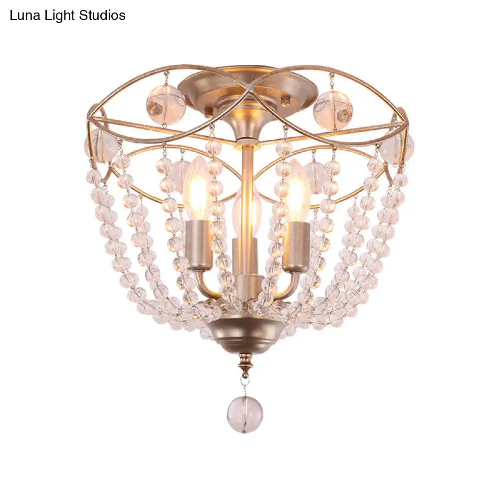 Rustic Basket 3-Light Crystal Strand Semi Flush Ceiling Mount In Gold - Bedroom Lighting