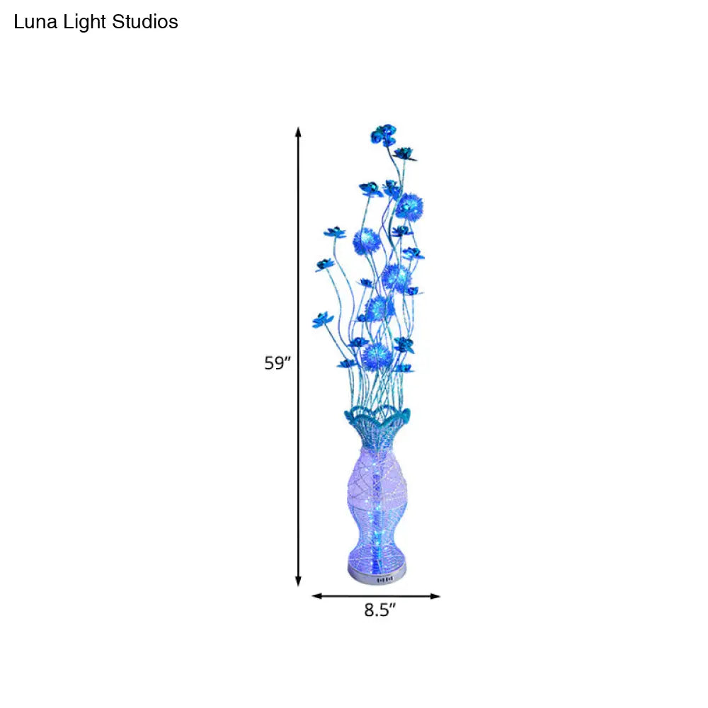 Rustic Bedroom Led Floor Lamp With Vase-Shaped Pleated Design And Blue Flower Decor Decorative